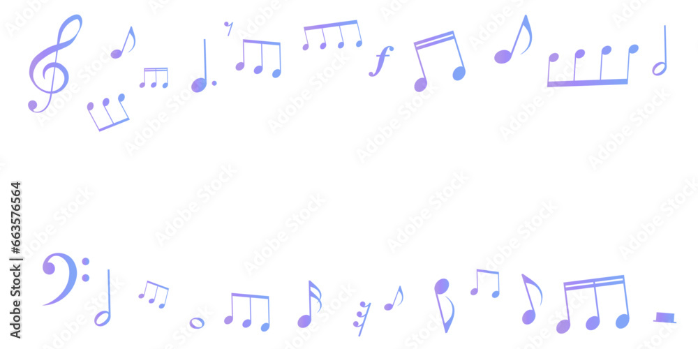 夜をイメージした青と紫のグラデーションの音符と音楽記号のフレームイラスト　背景イラスト　ベクター素材	
