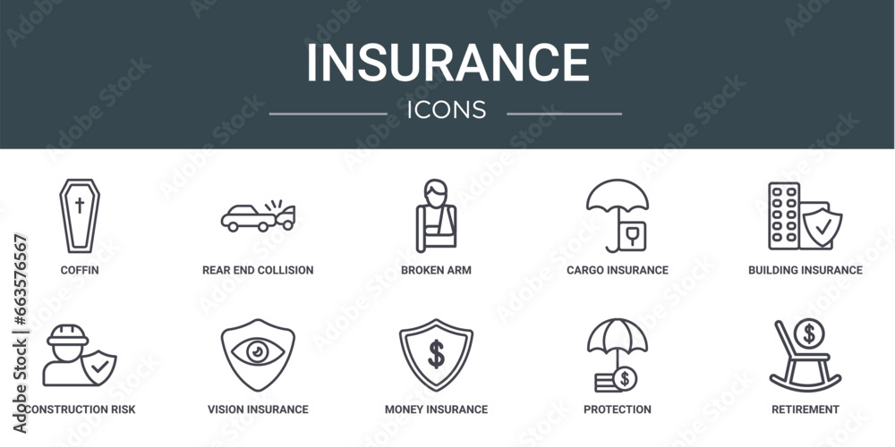 set of 10 outline web insurance icons such as coffin, rear end collision, broken arm, cargo insurance, building insurance, construction risk, vision vector icons for report, presentation, diagram,