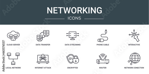set of 10 outline web networking icons such as cloud server, data transfer, data streaming, phone cable, interactive, local network, internet attack vector icons for report, presentation, diagram,