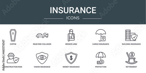 set of 10 outline web insurance icons such as coffin, rear end collision, broken arm, cargo insurance, building insurance, construction risk, vision vector icons for report, presentation, diagram,