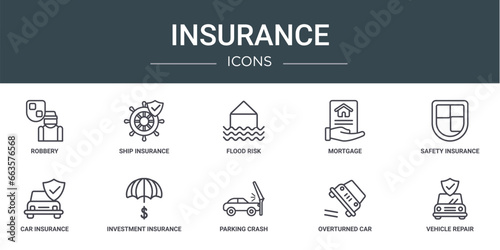 set of 10 outline web insurance icons such as robbery, ship insurance, flood risk, mortgage, safety insurance, car investment vector icons for report, presentation, diagram, web design, mobile app