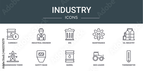 set of 10 outline web industry icons such as currency, industrial engineer, bin, maintenance, oil industry, transmission tower, safety mask vector icons for report, presentation, diagram, web