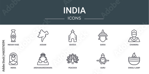 set of 10 outline web india icons such as indian vase, assam, odisha, sarai, chandra, indra, ardhanareeswara vector icons for report, presentation, diagram, web design, mobile app