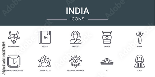 set of 10 outline web india icons such as indian cow, vedas, parvati, ugadi, bihu, bengali language, durga puja vector icons for report, presentation, diagram, web design, mobile app