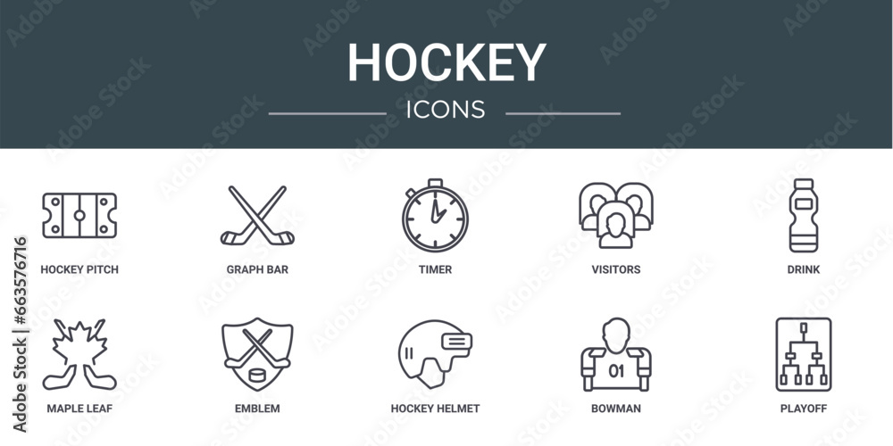 set of 10 outline web hockey icons such as hockey pitch, graph bar, timer, visitors, drink, maple leaf, emblem vector icons for report, presentation, diagram, web design, mobile app