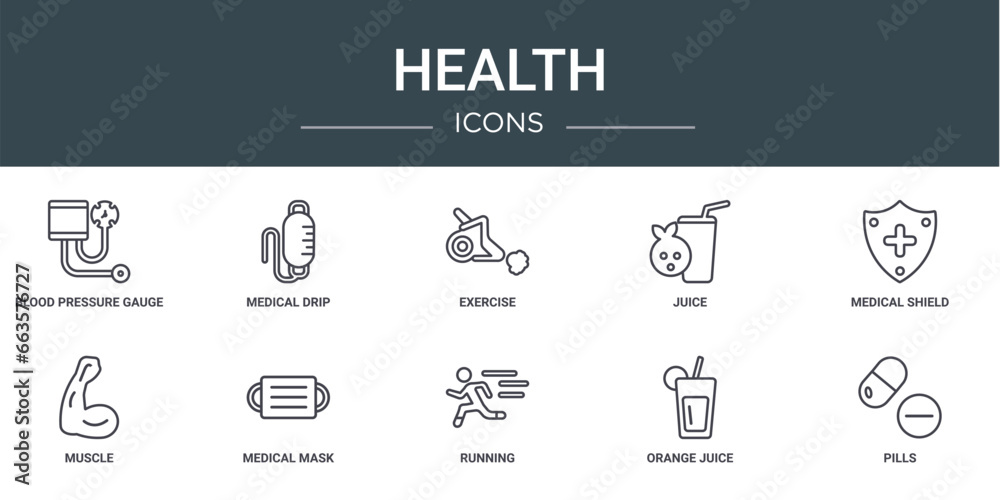 set of 10 outline web health icons such as blood pressure gauge, medical drip, exercise, juice, medical shield, muscle, medical mask vector icons for report, presentation, diagram, web design,