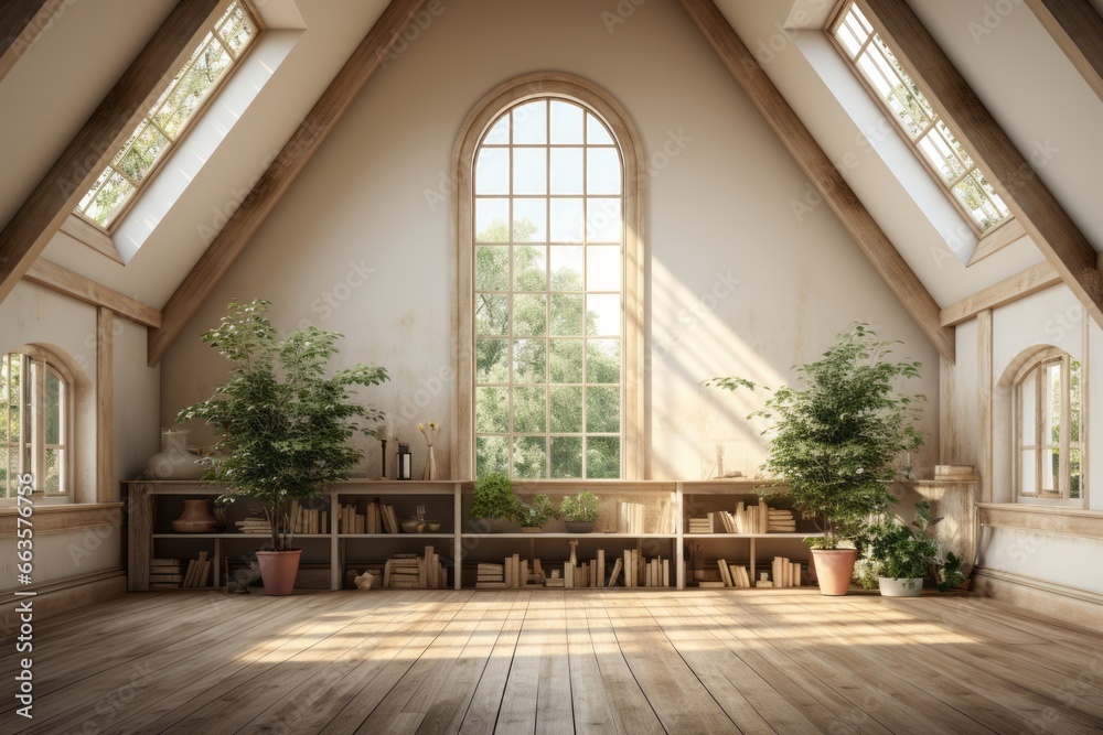 empty scandinavian style room mockup with a high ceiling and skylights