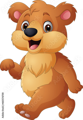 Cartoon funny bear walking on white background