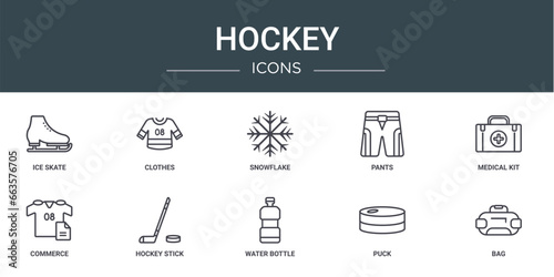 set of 10 outline web hockey icons such as ice skate, clothes, snowflake, pants, medical kit, commerce, hockey stick vector icons for report, presentation, diagram, web design, mobile app