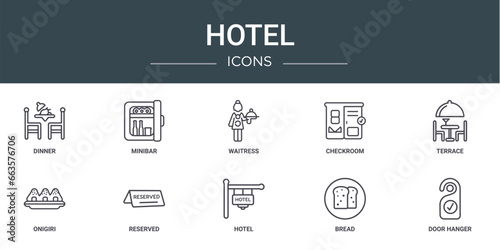 set of 10 outline web hotel icons such as dinner, minibar, waitress, checkroom, terrace, onigiri, reserved vector icons for report, presentation, diagram, web design, mobile app
