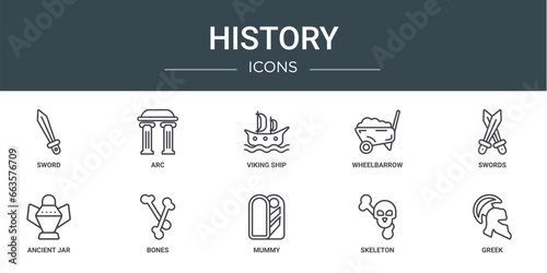 set of 10 outline web history icons such as sword, arc, viking ship, wheelbarrow, swords, ancient jar, bones vector icons for report, presentation, diagram, web design, mobile app