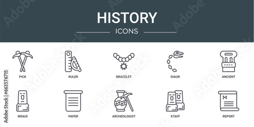 set of 10 outline web history icons such as pick, ruler, bracelet, diaur, ancient, moais, paper vector icons for report, presentation, diagram, web design, mobile app