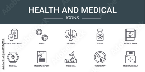 set of 10 outline web health and medical icons such as medical checklist, rings, urology, syrup, medical book, report vector icons for report, presentation, diagram, web design, mobile app