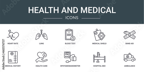 set of 10 outline web health and medical icons such as heart rate, lung, blood test, medical shield, band aid, medical history, health care vector icons for report, presentation, diagram, web
