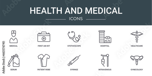 set of 10 outline web health and medical icons such as medical, first aid kit, stethoscope, hospital, healthcare, serum, patient robe vector icons for report, presentation, diagram, web design,