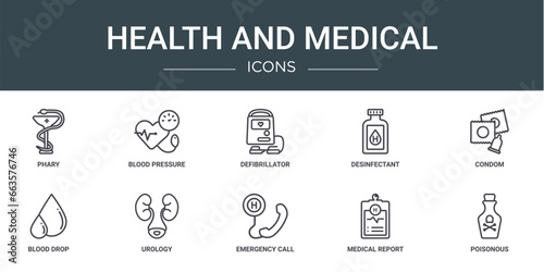 set of 10 outline web health and medical icons such as phary, blood pressure, defibrillator, desinfectant, condom, blood drop, urology vector icons for report, presentation, diagram, web design,