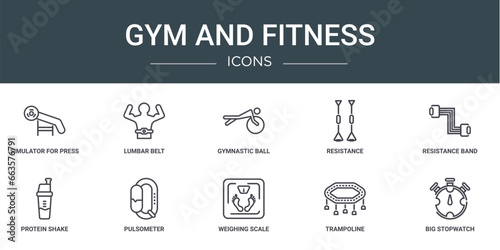 set of 10 outline web gym and fitness icons such as simulator for press, lumbar belt, gymnastic ball, resistance, resistance band, protein shake, pulsometer vector icons for report, presentation,