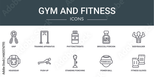 set of 10 outline web gym and fitness icons such as grip, training apparatus, phytonutrients, broccoli porcion, bodybuilder, headgear, push up vector icons for report, presentation, diagram, web