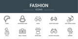set of 10 outline web fashion icons such as tasbih, fashionable hand bag, shade, heart eyeglasses, two carnival masks, style, small toolbox vector icons for report, presentation, diagram, web
