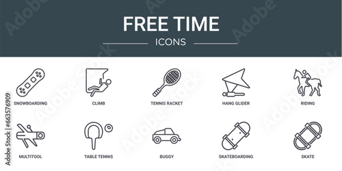 set of 10 outline web free time icons such as snowboarding, climb, tennis racket, hang glider, riding, multitool, table tennis vector icons for report, presentation, diagram, web design, mobile app