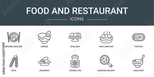 set of 10 outline web food and restaurant icons such as braised abalone, congee, zhaliang, xiao long bao, youtiao, soya, doguinho vector icons for report, presentation, diagram, web design, mobile
