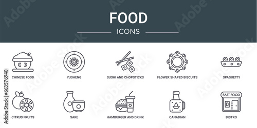 set of 10 outline web food icons such as chinese food, yusheng, sushi and chopsticks, flower shaped biscuits, spaguetti, citrus fruits, sake vector icons for report, presentation, diagram, web photo
