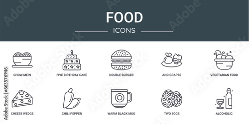 set of 10 outline web food icons such as chow mein, five birthday cake, double burger, and grapes, vegetarian food, cheese wedge, chili pepper vector icons for report, presentation, diagram, web