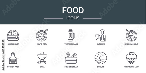 set of 10 outline web food icons such as hamburguer, mapo tofu, thermo flask, butcher, red bean soup, kitchen pack, grill vector icons for report, presentation, diagram, web design, mobile app