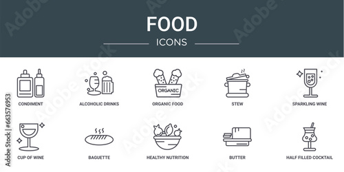 set of 10 outline web food icons such as condiment, alcoholic drinks, organic food, stew, sparkling wine, cup of wine, baguette vector icons for report, presentation, diagram, web design, mobile app