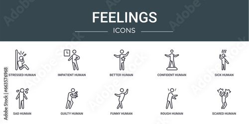 set of 10 outline web feelings icons such as stressed human, impatient human, better human, confident sick sad guilty vector icons for report, presentation, diagram, web design, mobile app