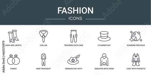 set of 10 outline web fashion icons such as high heel boots, collar, trousers with side pockets, cylinder hat, diamond precious stone, fiance, men tracksuit vector icons for report, presentation,