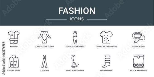 set of 10 outline web fashion icons such as kimono, long sleeve flowy dress, female sexy dress, t shirt with flowers, fashion bag, safety shirt, elegante vector icons for report, presentation,