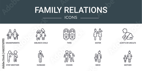 set of 10 outline web family relations icons such as grandparents, sibling's child, twin, sister, aunt's or uncle's child, step-brother, husband vector icons for report, presentation, diagram, web