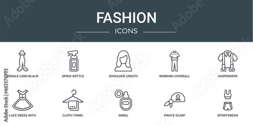 set of 10 outline web fashion icons such as female long black dress, spray bottle, shoulder length, working coverall, suspenders, lace dress with belt, cloth towel vector icons for report,