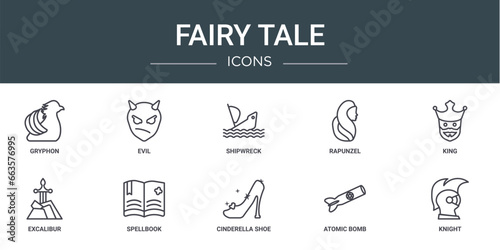 set of 10 outline web fairy tale icons such as gryphon, evil, shipwreck, rapunzel, king, excalibur, spellbook vector icons for report, presentation, diagram, web design, mobile app