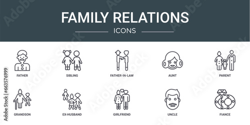 set of 10 outline web family relations icons such as father, sibling, father-in-law, aunt, parent, grandson, ex-husband vector icons for report, presentation, diagram, web design, mobile app