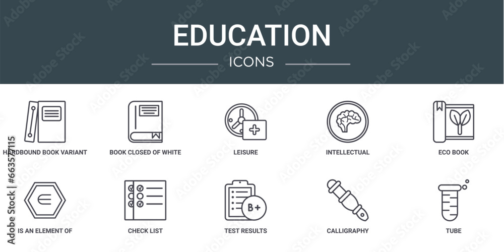 set of 10 outline web education icons such as hardbound book variant, book closed of white cover, leisure, intellectual, eco book, is an element of, check list vector icons for report, presentation,