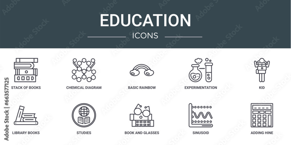 set of 10 outline web education icons such as stack of books, chemical diagram, basic rainbow, experimentation, kid, library books, studies vector icons for report, presentation, diagram, web