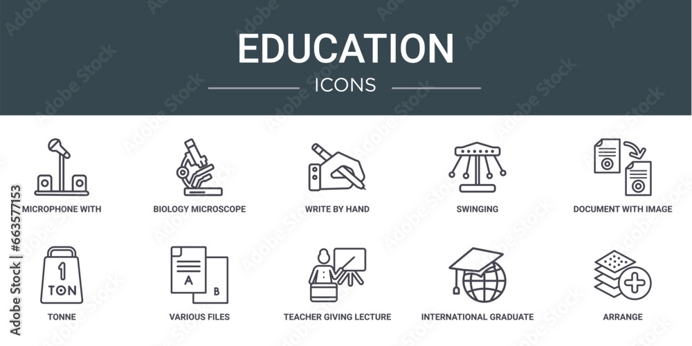 set of 10 outline web education icons such as microphone with stand, biology microscope, write by hand, swinging, document with image and content, tonne, various files vector icons for report,