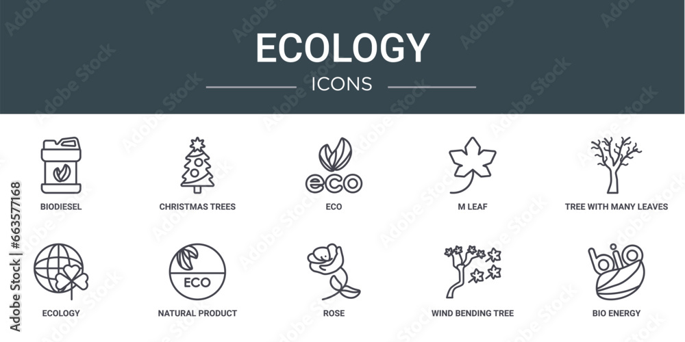 set of 10 outline web ecology icons such as biodiesel, christmas trees, eco, m leaf, tree with many leaves, ecology, natural product vector icons for report, presentation, diagram, web design,