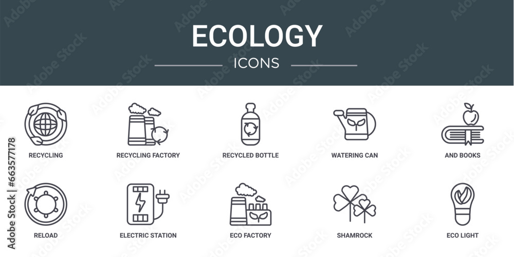 set of 10 outline web ecology icons such as recycling, recycling factory, recycled bottle, watering can, and books, reload, electric station vector icons for report, presentation, diagram, web