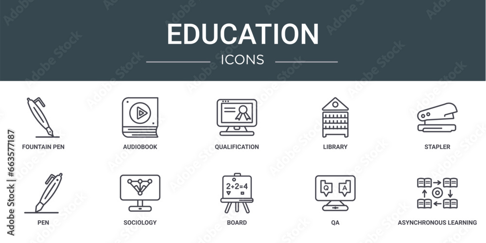 set of 10 outline web education icons such as fountain pen, audiobook, qualification, library, stapler, pen, sociology vector icons for report, presentation, diagram, web design, mobile app