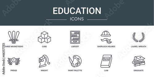 set of 10 outline web education icons such as three musketeers, cube, library, sherlock holmes, laurel wreath, proud, knight vector icons for report, presentation, diagram, web design, mobile app