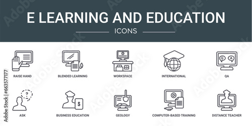 set of 10 outline web e learning and education icons such as raise hand, blended learning, workspace, international, qa, ask, business education vector icons for report, presentation, diagram, web
