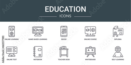 set of 10 outline web education icons such as online learning, game-based learning, ebook, online course, diploma, online test, notebook vector icons for report, presentation, diagram, web design,