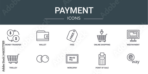 set of 10 outline web payment icons such as money transfer, wallet, free, online shopping, web payment, trolley, vector icons for report, presentation, diagram, web design, mobile app