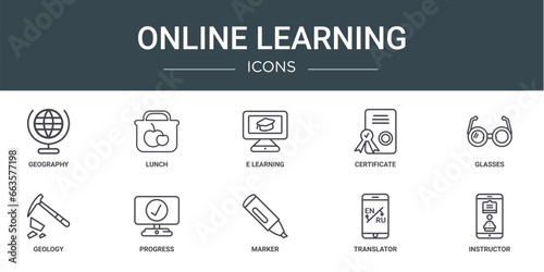 set of 10 outline web online learning icons such as geography, lunch, e learning, certificate, glasses, geology, progress vector icons for report, presentation, diagram, web design, mobile app