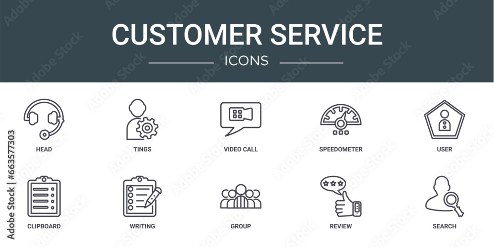 set of 10 outline web customer service icons such as head, tings, video call, speedometer, user, clipboard, writing vector icons for report, presentation, diagram, web design, mobile app