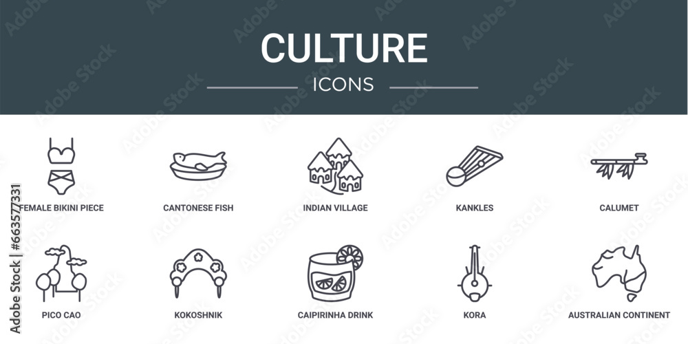 set of 10 outline web culture icons such as female bikini piece, cantonese fish, indian village, kankles, calumet, pico cao, kokoshnik vector icons for report, presentation, diagram, web design,