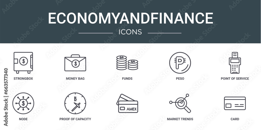 set of 10 outline web economyandfinance icons such as strongbox, money bag, funds, peso, point of service, node, proof of capacity vector icons for report, presentation, diagram, web design, mobile